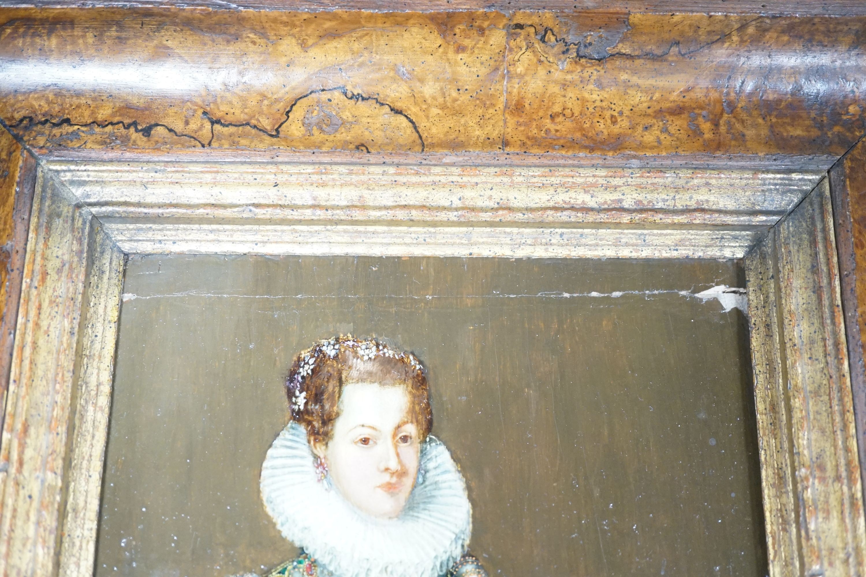 19th century Flemish school, Oil on panel, portrait of a 17th century lady, 21.5 cm X 17 cm